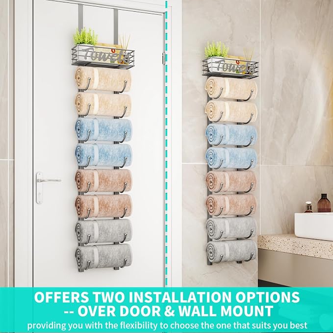 HapiRm Towel Racks for Bathroom Storage - 9 Tier Over The Door & Wall Mount Rolled Towel Storage Organizer Holder with Metal Shelf Basket for Small Bathroom, Camper, Rv - Sliver, Patented