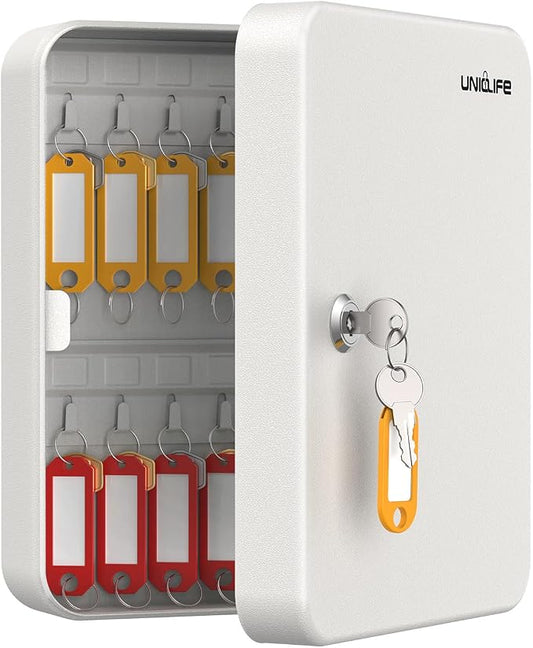 Uniclife 28 Position Key Cabinet with Key Lock Wall Mounted White Security Storage Box Steel Key Organizer with Colorful Key Tag Labels Stickers and Hooks