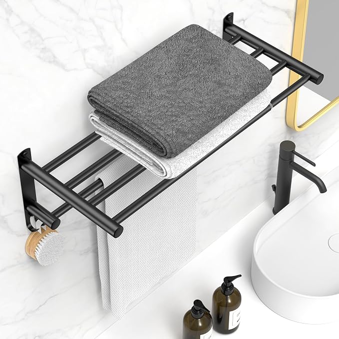CAXIMSY Black Adjustable Towel Bar for Bathroom Wall Mount17-30.7inch Adhesive Shower Towel Rack Stainless Steel Bath Towel Holders for Toilet Kitchen Double Towel Hanger (Black 2-Layer Towel Rack)