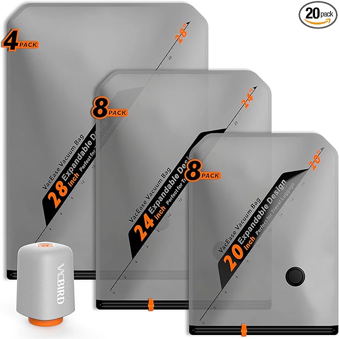 Vacbird Rechargeable Wireless Pump Travel Storage Bags Set - 20 Pack Portable Space Saver Bags for Travel & Home - Vacuum Compression Packing Seal for Clothes, Blankets, Seasonal Storage