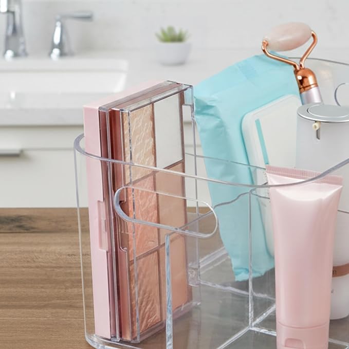 STORi Bliss 5-Compartment Plastic Cosmetics Storage Organizer | Clear | Rectangular Divided Makeup Bin & Vanity Caddy with Pass-Through Handles | Round Corner Design | Made in USA