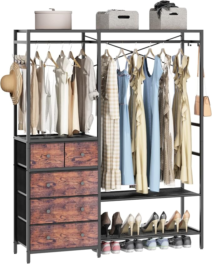 Freestanding Clothes Rack with 5 Drawers & 4 Storage Shelves,2 Hanging Rods | 59.1" W*70.9" H Heavy Duty Clothing Rack, Wardrobe Closet Organizer System with 5 Hooks, Garment Rack (Rustic)