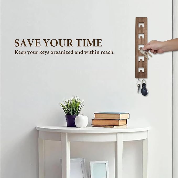 Vertical Wall Mounted Key Holder for Entryway – Narrow Wooden Key Rack with Hooks, Space Saving Organizer for Small Spaces, Solid Wood Rustic Design