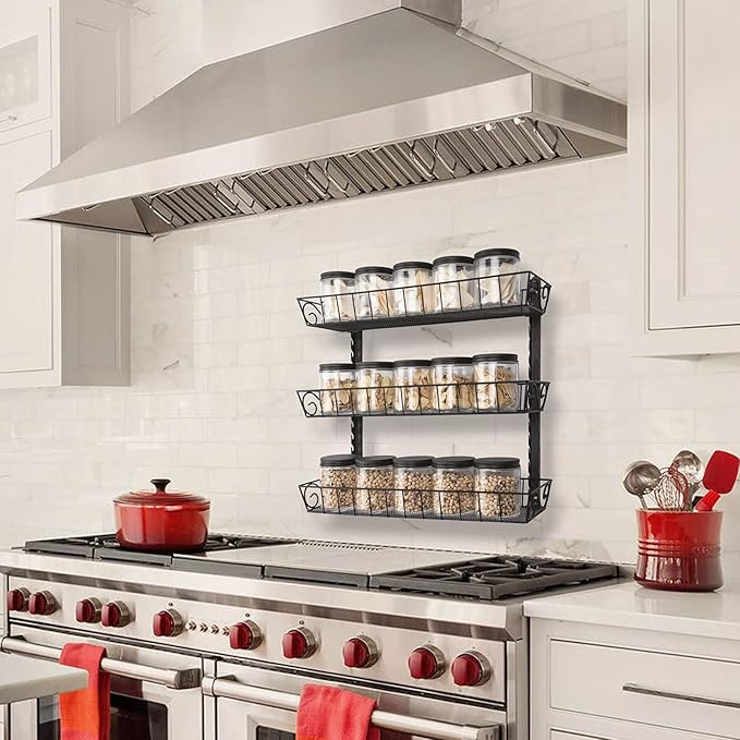 SWOMMOLY Wall Mount Spice Rack Organizer, 3-Tier Adjustable Dual-Use Shelf | Hanging Spice Rack Organizer, Kitchen Pantry Cabinet Storage Holder for Spices, Mason Jars, Bottles & Cans, Black