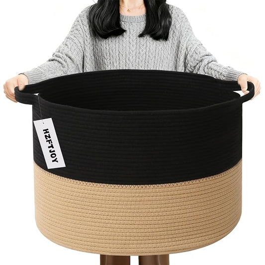 90L Extra Large Blanket Basket,Woven Laundry Basket-Black&Camel | Collapsible, reinforced handles, nursery storage bin organizes clothes, toys and pillows for living room, bedroom bathroom