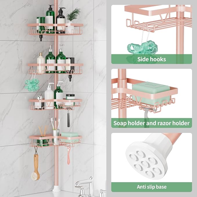 DAOYA Corner Shower Caddy Tension Pole - 4‑Tier Adjustable Shower Shelf Organizer Space‑Saving Bathroom Storage for Bathtub or Floor, Apricot
