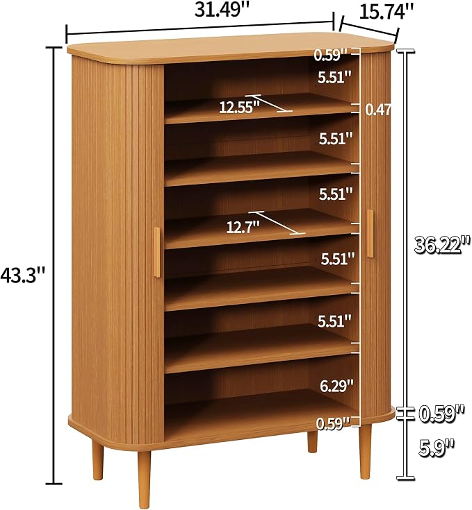 DHH Shoe Storage Cabinet with Sliding Door, 6-Tier Shoe Cabinet with Adjustable Shelves, Mid-Century Modern Freestanding Shoe Storage Organizer for Entryway, Hallway, Living Room (Yellow,31.5 ")