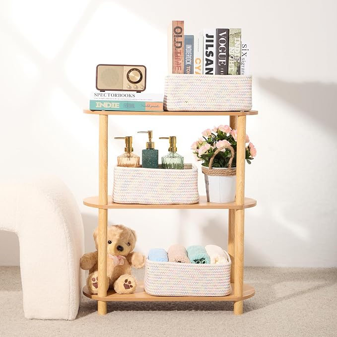 MiniArk Small Storage Baskets for Organizing | Closet Organizer Bins | Shelf Toy Basket | Woven Rope Baskets | Cube Decorative Box | Shallow Basket | 11.5x7.5x4.7” | 4 Packs Rainbow