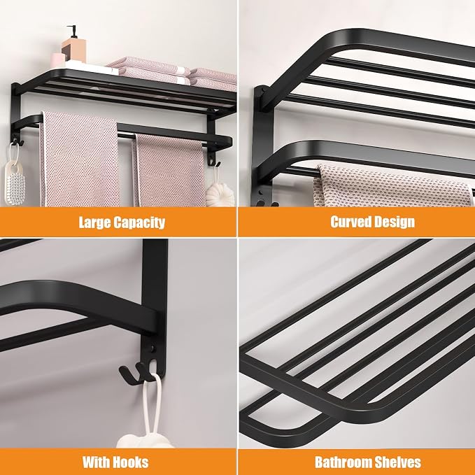 15 Inch Black Towel Racks for Bathroom Towel Shelf with Double Towel Bars Lavatory Wall Mount Holder with Hooks Stainless Steel Hotel Bath Rack (Matte Black)