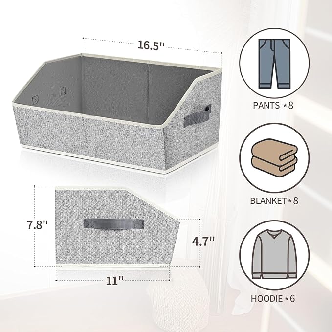 Homsorout Trapezoid Closet Shelf Organizer - Large Baskets for Organizing, Fabric Storage Box for Shelves, Cube Storage Bins for Clothes, Books, Blankets, 3 Pack, Light Gray