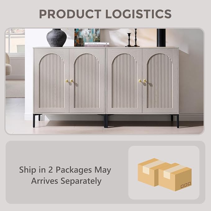 IFGET 61.75"W Modern Arch Sideboard Buffet Cabinet with Storage, Light Grey | Fluted Arched Sideboard Cabinet w/Adjustable Shelves, Wood Modular Kitchen Cabinet for Dining& Living Room, Kitchen, Entryway