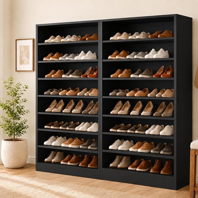 Tall Shoe Rack Cabinet for Closet & Entryway, 2 Pack, Black | Wooden Narrow Shoe Organizer Cabinet with Adjustable Shelves, Freestanding, for Bedroom, Hallway