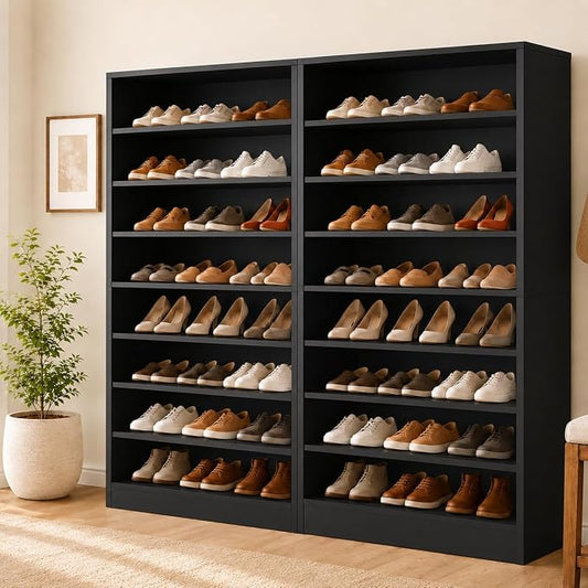 Tall Shoe Rack Cabinet for Closet & Entryway, 2 Pack, Black | Wooden Narrow Shoe Organizer Cabinet with Adjustable Shelves, Freestanding, for Bedroom, Hallway