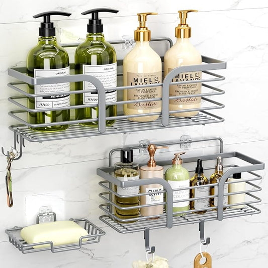 Yougai Shower Caddy, Shower Organizer with Soap Holder and Hooks, Rustproof Shower Shelves, No Drilling Bathroom Organizers and Storage, Wall-Mounted Kitchen & Home Decor, Light Grey