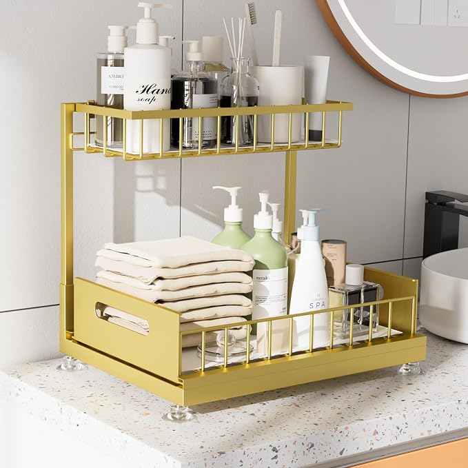 Saydear 2-Pack L-Shaped Under Sink Organizer, 2-Tier Pull-out Cabinet Rack | Gold Height-Adjustable Steel Rack, Sliding Grid Drawers with PP Liners, Holds 100 Lbs, Suction Base, Ideal Kitchen Storage