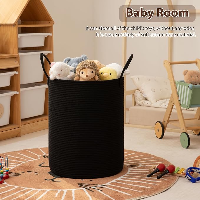 OIAHOMY Large Laundry Basket Hamper - 100L Cotton Rope Woven Basket for Blankets, Toys, Clothes - Tall Decorative Nursery Hamper with Long Handles, Black