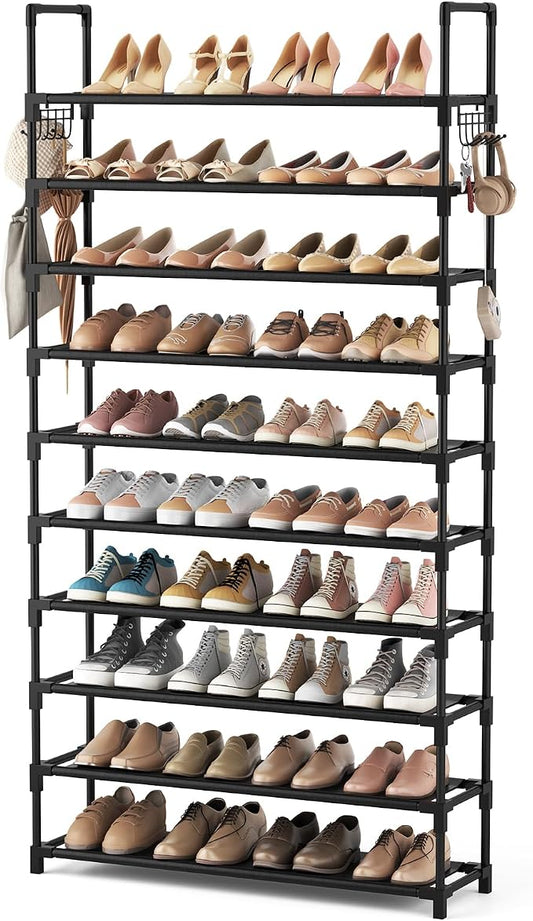 VTRIN 10 Tier Shoe Rack Tall Large Capacity Wide Shoe Organizer with Two Hooks Sturdy Metal Shoe Shelf for Entryway, Closet, Bedroom