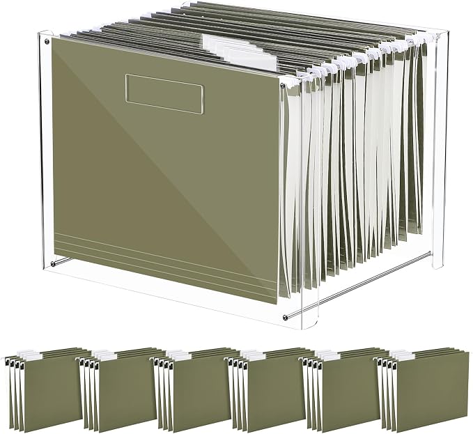 Dispowreath 24 Hanging File Folder with Acrylic Organizer for Letter/a4 Size Desktop Clear File Storage Box with Handles for Home Work Office Use (Green,Classic)