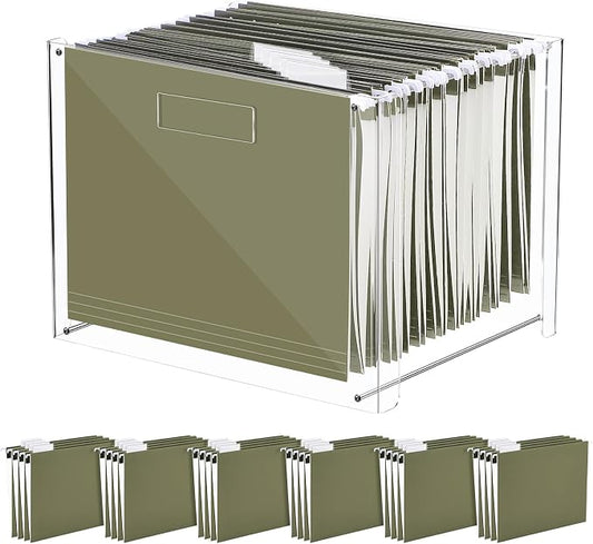 Dispowreath 24 Hanging File Folder with Acrylic Organizer for Letter/a4 Size Desktop Clear File Storage Box with Handles for Home Work Office Use (Green,Classic)
