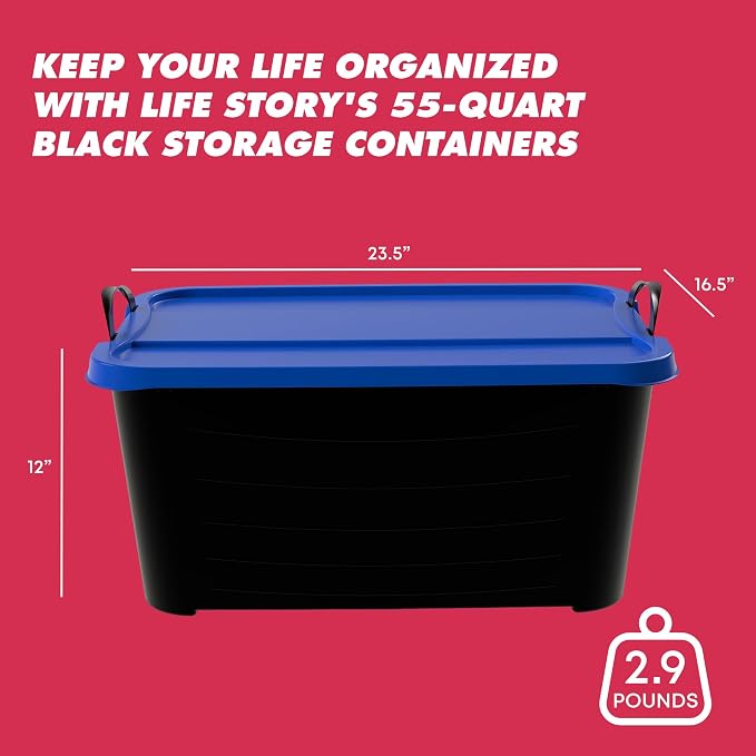 Life Story 6 Pack Heavy Duty Stackable Storage Bin, 55 Quart Home Organizer, Versatile Lightweight Locking Bins with Carrying Handles, Black/Blue