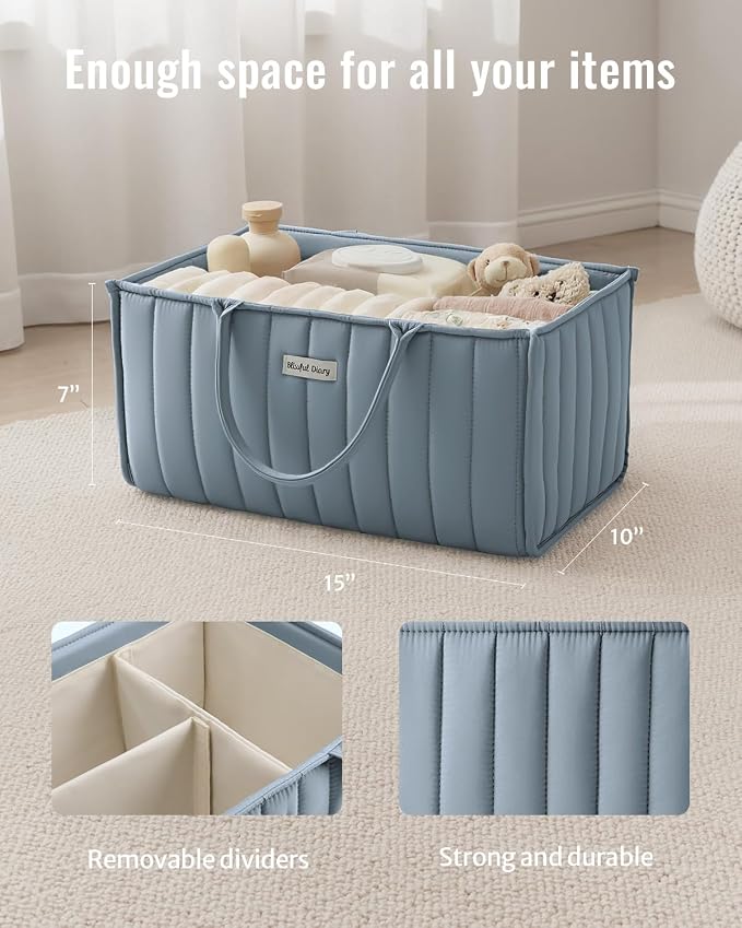 Blissful Diary Baby Diaper Caddy Organizer, Stylish Storage Basket for Newborn Essentials and Diaper Station, Gift for Baby Shower and Registry Must-Have, Dusty Blue