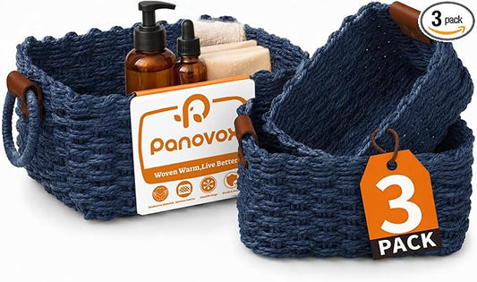 Small Wicker Baskets, 3 PCS Paper Rope Baskets for Shelves, Blue | Recycled Small Baskets, 3 Sizes Woven Baskets for Organizing, Decorative Storage Baskets for Bedroom and Bathroom