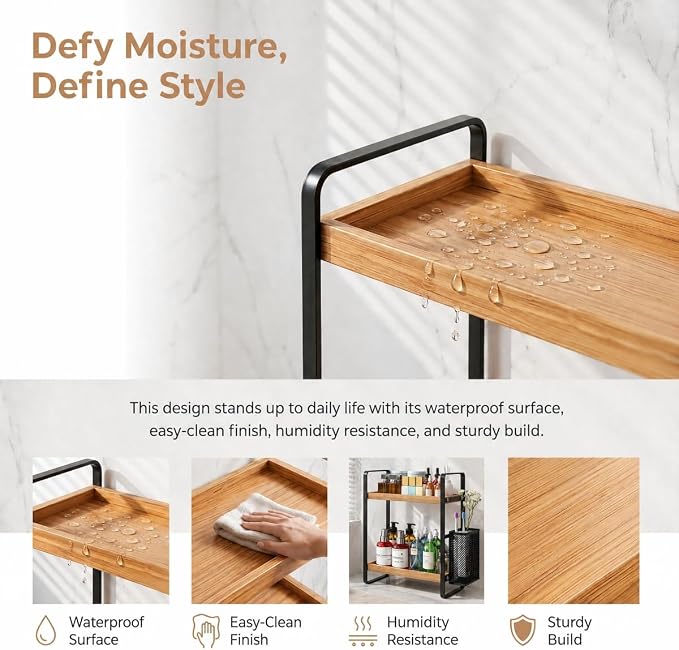 2-Tier Wood Bathroom Counter Organizer with Basket,Waterproof Vanity Perfume Skincare Storage for Bathroom, Kitchen, Dresser