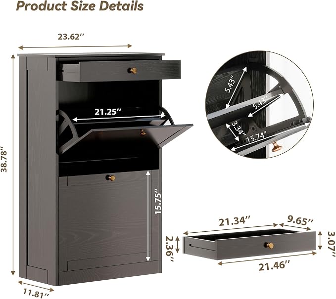 Shoe Storage Cabinet with 2 Flip Drawers, Shoe Cabinet Organizer, Black | Freestanding Hidden Shoe Rack Cabinet with Door, Pet-Proof Shoe Cabinet Storage for Entryway Living Room Behind The Door