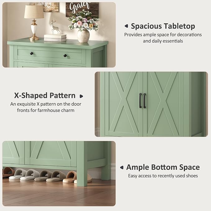 Farmhouse Shoe Storage Cabinet, 5-Tier High Boots Organizer with Adjustable Shelves, Large Drawer & Barn Doors, Entryway Shoe Rack for Hallway Living Room, Green
