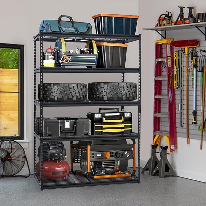 Garage Storage Shelves 5 Tiers, Heavy Duty Storage Shelving Racks with 2500 LBS Capacity, 48 in L x 24 in W x 72 in H Metal Adjustable Utility Shelving Unit for Garage Organization, Basement, Workshop