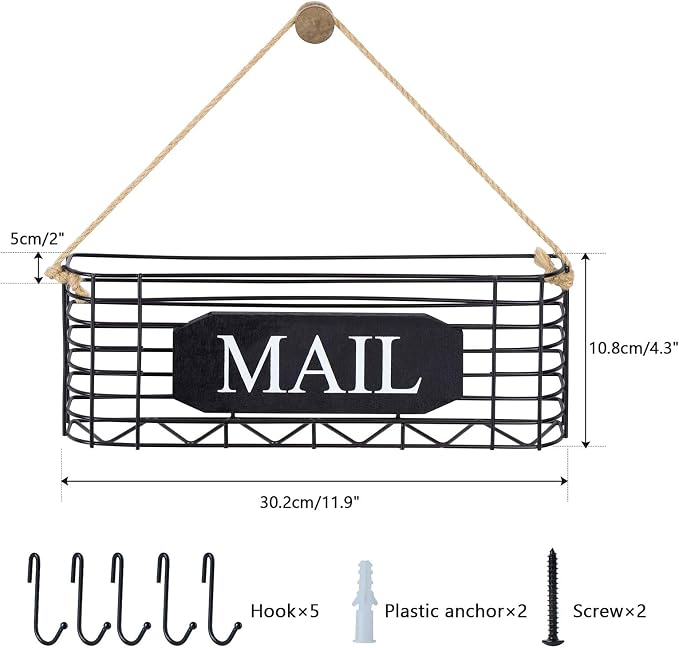 SRIWATANA Rustic Mail Organizer Wall Mount, 5 Key Hooks, Large Size, Black | Mail Holder Key Holder for Wall, Hanging Mail Sorter, Letter Basket for Receipts Bills Envelopes, Home & Office Organizer