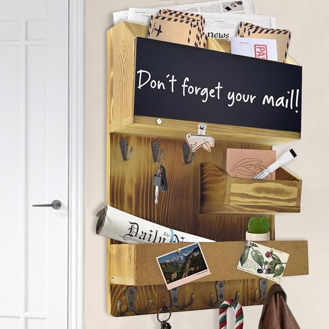 Mail Organizer Wall Mount，Key Holder Mail and Key Organizer for Wall with Shelf, Chalkboard, Corkboard, Home Decor for Room Office Entryway(Light Wood)