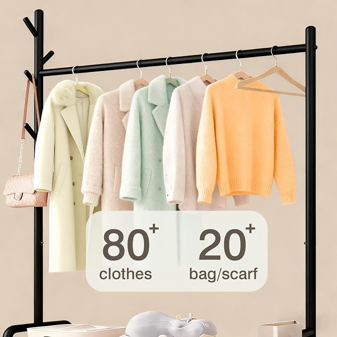 MYUPDALIN Clothes Rack with Shelves, Clothing Rack with Wheels, Multifunctional Hangers with Storage Baskets and Shoe Racks, Ideal for Bedrooms and Living Rooms (Black, Bold 90cm/35in)