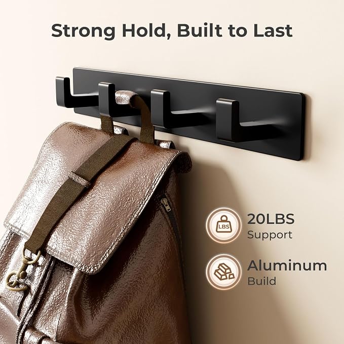GWAAZXGZ Black Wall Mounted Coat Rack, 8 Right-Angle Hooks, 25 inch | Modern Organizer for Entryway, Bathroom, Bedroom, Holds Coats, Towels, Hats