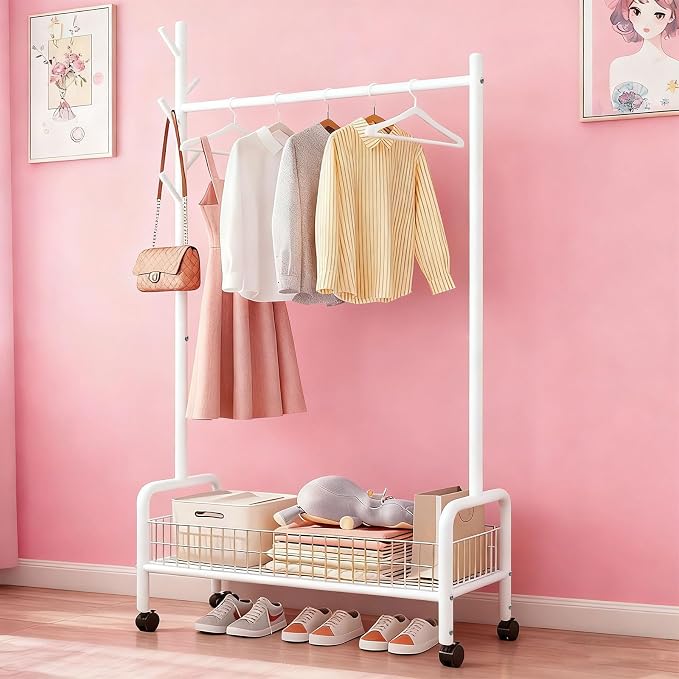 MYUPDALIN Clothes Rack with Shelves, Clothing Rack with Wheels, Multifunctional Hangers with Storage Baskets and Shoe Racks, Ideal for Bedrooms and Living Rooms