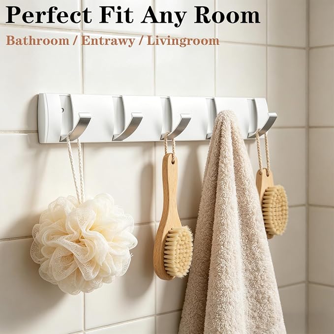 Folding Coat Hooks, Wall Mounted Coat Rack with 5 Retractable Hooks, Heavy Duty Towel Rack for Bathroom Wall Hook for Hanging Clothes, Stainless Steel Coat Hanger for Entryway(White/Sliver)