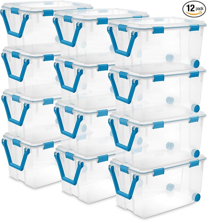 STERILITE 120 QT. Plastic Storage Container with Gasket Latch LID in Clear, 12-Pack | Heavy-Duty, Stackable, and Organizing Containers for Bathroom, Cabinet, Closet, and Garage, Clear and Blue Aquarium Latches