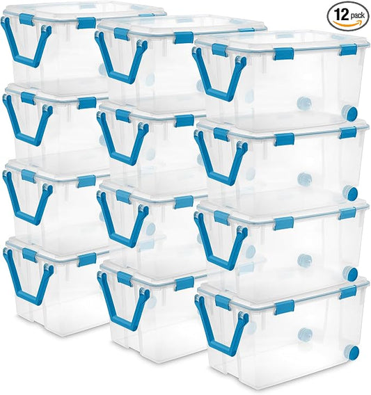 STERILITE 120 QT. Plastic Storage Container with Gasket Latch LID in Clear, 12-Pack | Heavy-Duty, Stackable, and Organizing Containers for Bathroom, Cabinet, Closet, and Garage, Clear and Blue Aquarium Latches