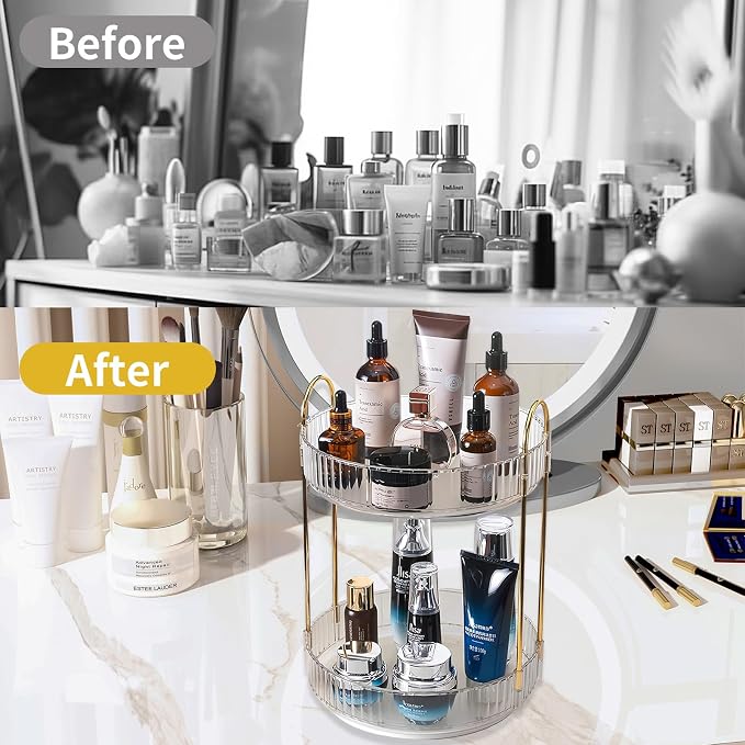 Asayuee 360 Rotating Makeup Organizer,2 Tier Large Capacity Make Up Organizers and Storage,Skincare Perfume Vanity Organizers,Bathroom Cosmetics Storage Organizer Countertop(Clear-2 Tier)