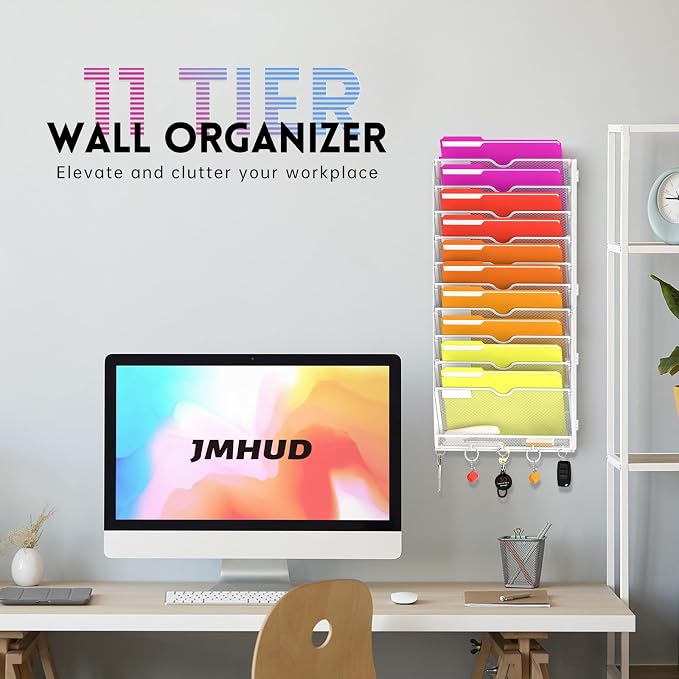 11-Tier Wall File Organizer with Base and Hooks, Hanging Organizer, White | Wall Organizer and Wall File Holder with 11 Vertical Pockets and Bottom Tray for Files, Mail, Folders, Magazines and Paper