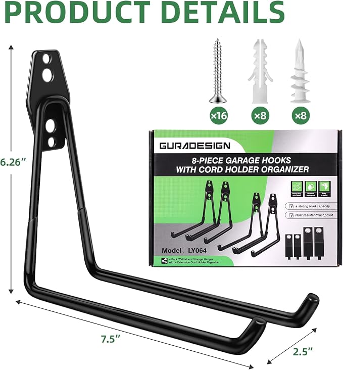 GURADESIGN 4-Piece Garage Hooks Wall Mount Storage Hanger with 4 Extension Cord Holder Organizer, Heavy-Duty Steel, 7.5 inch Ladder Hooks for Garage Wall