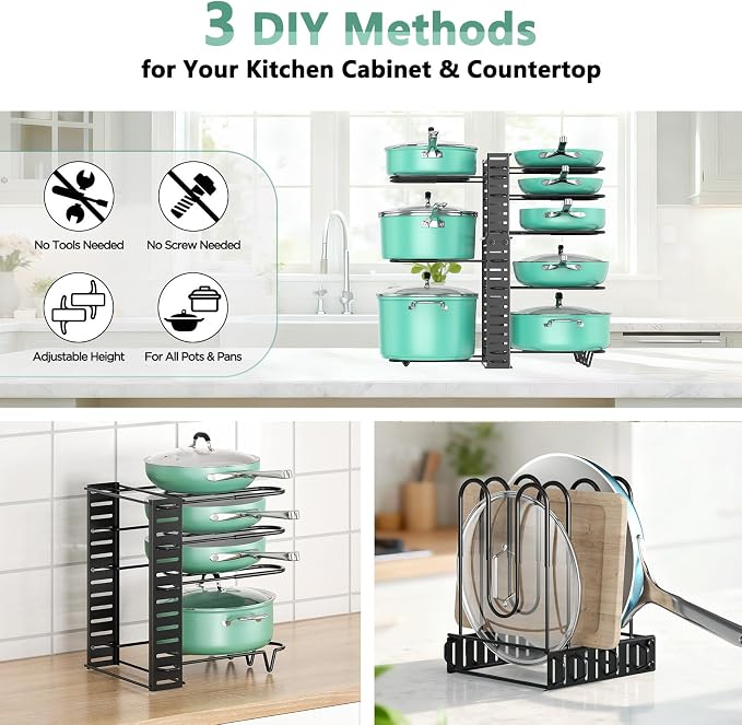 Pots and Pans Organizer Under Cabinet Expandable, 8-Tier Adjustable | Expandable 11.7–19", 3 DIY Modes, Tool-Free Assembly, Non-Slip, Fits Pots 6–11", For Kitchen Cabinets, Shelves & Countertops