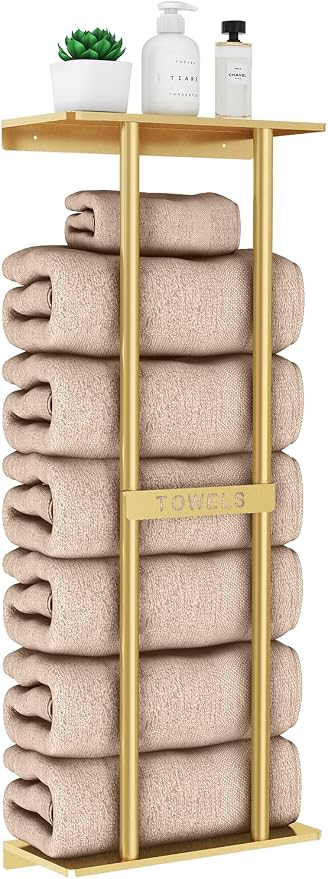 STWWO Bathroom Towel Storage Rack for Bathroom, 30 inch Towel Racks Wall Mounted with Shelf Can Holds 6 Large Towels, Wall Towel Rack for Rolled Towels, Gold | Towel Racks for Bathroom for Rolled Towels Folded Bath Towels, 30 inch