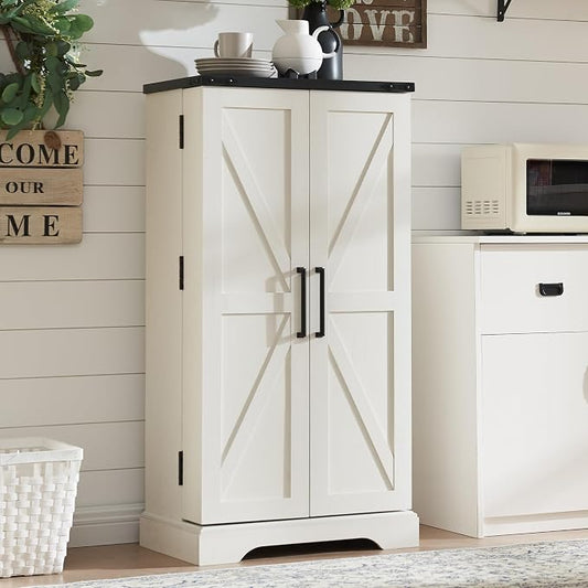 47" Tall Wooden Pantry Storage Cabinet with Door Shelves | Farmhouse, Barn Doors, Adjustable Shelves, Freestanding, Anti-tip Kit, for Kitchen, Dining Room, Living Room