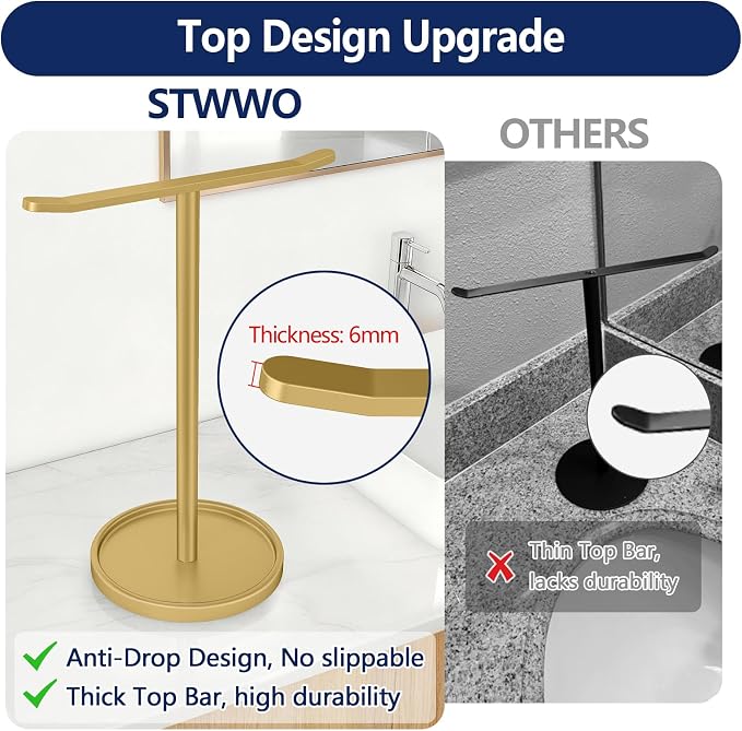 STWWO Hand Towel Holder | Stainless Steel Towel Holder Stand for Bathroom, Kitchen Countertop, T-Shaped Hand Towel Rack Stand, Gold