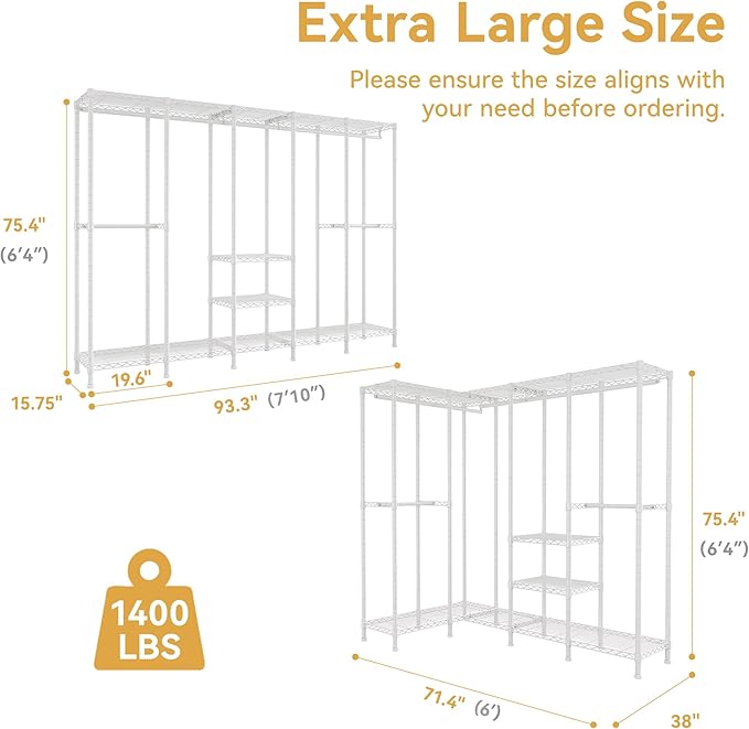 Higeego H5 Clothing Rack for Hanging Clothes, Heavy Duty Closet Rack, White | Large Garment Rack, 93.3"Wx15.7"Dx75.4"H, Freestanding Wardrobe Closet, with Adjustable Shelf, Load 1400 lbs