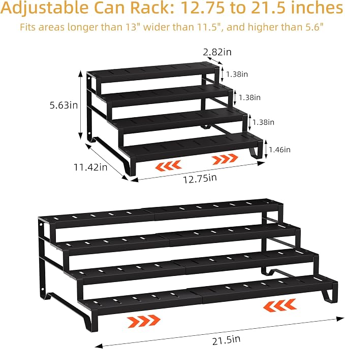 Expandable Can Organizer for Pantry, 4 Tier Metal Canned Food Storage | 13"-21" Adjustable Length, Tiered Reversible Shelf Design, Large-Capacity Storage for Kitchen Cabinets & Countertops