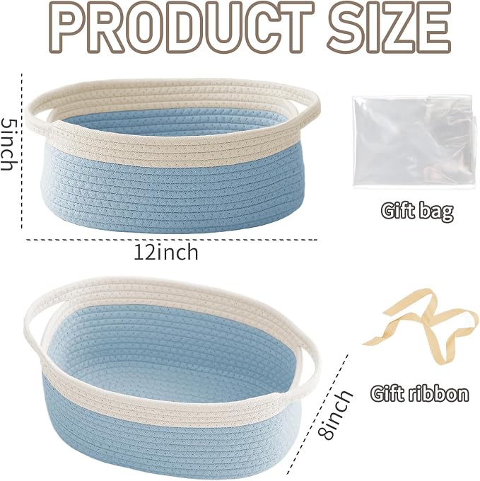 JMvicyroam Small Woven Basket, Empty Gift Basket, White&Blue/2 Pack | Small Gift Basket, Cotton Rope, 12 x 8 x 64 in, Handles, Includes Ribbon and Bag, Birthday Gift Basket