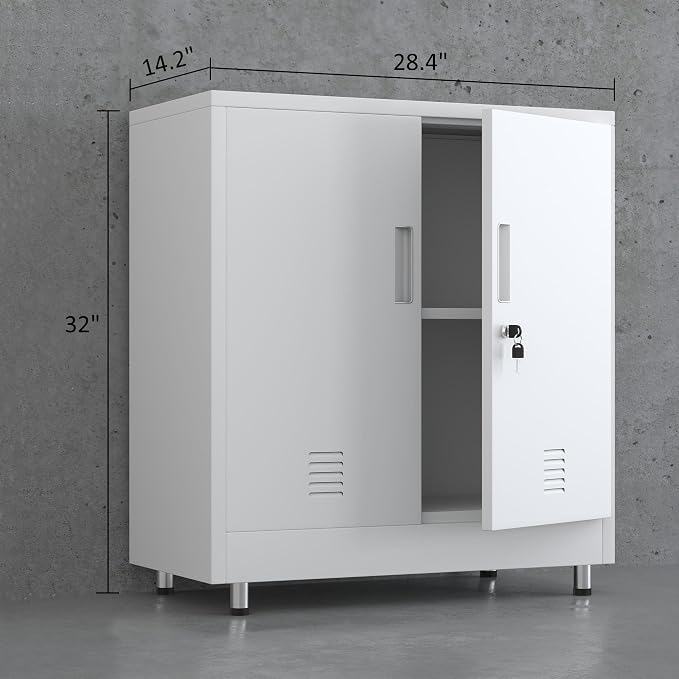 JINGUR Metal Storage Cabinet with Locking Doors and Adjustable Shelf, Small Lockable Sideboard Buffet Cabinet for Home Office Hallway Entryway Living Dining Room (White)