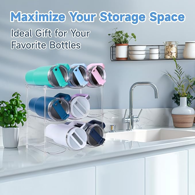 spospo Stackable Water Bottle Organizer for Stanley 40 oz Tumbler | Water Bottle Holder for Cabinet, Pantry Kitchen Organizers and Storage for Stanley Cup Accessories, Tumbler Organizer, 3 Pack